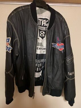 VINTAGE Michael Hoban Black Leather Bomber Jacket with USA Patch Accents 😍